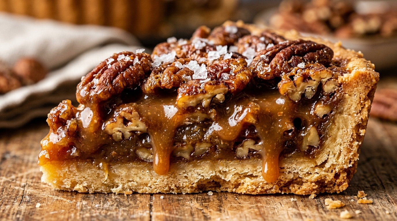 Ultra close-up macro of gooey salted caramel pecan pie bar with toasted pecans and golden shortbread crust