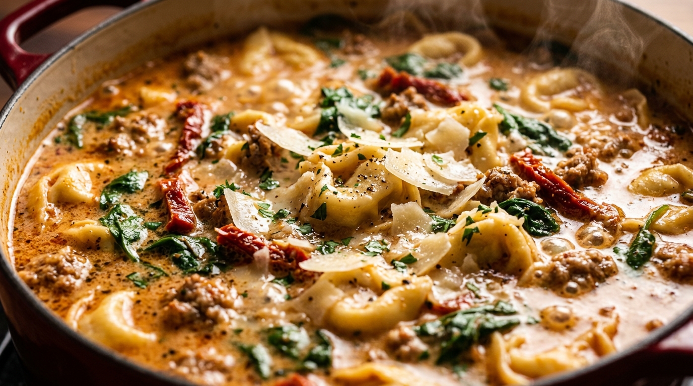 Ultra close-up macro of creamy sausage tortellini soup simmering in Dutch oven