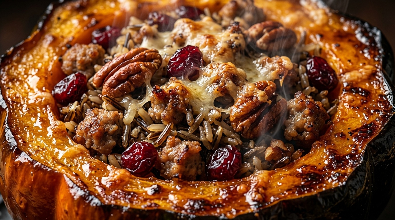 Ultra close-up macro food photography of sausage and wild rice stuffed acorn squash with caramelized edges